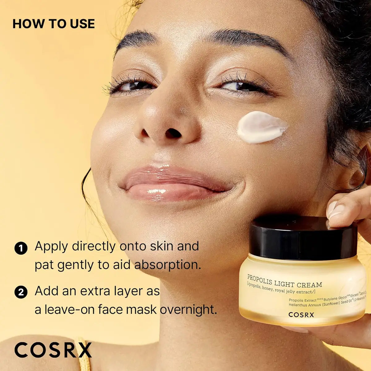 Cosrx light cream jar with application instructions on a yellow background
