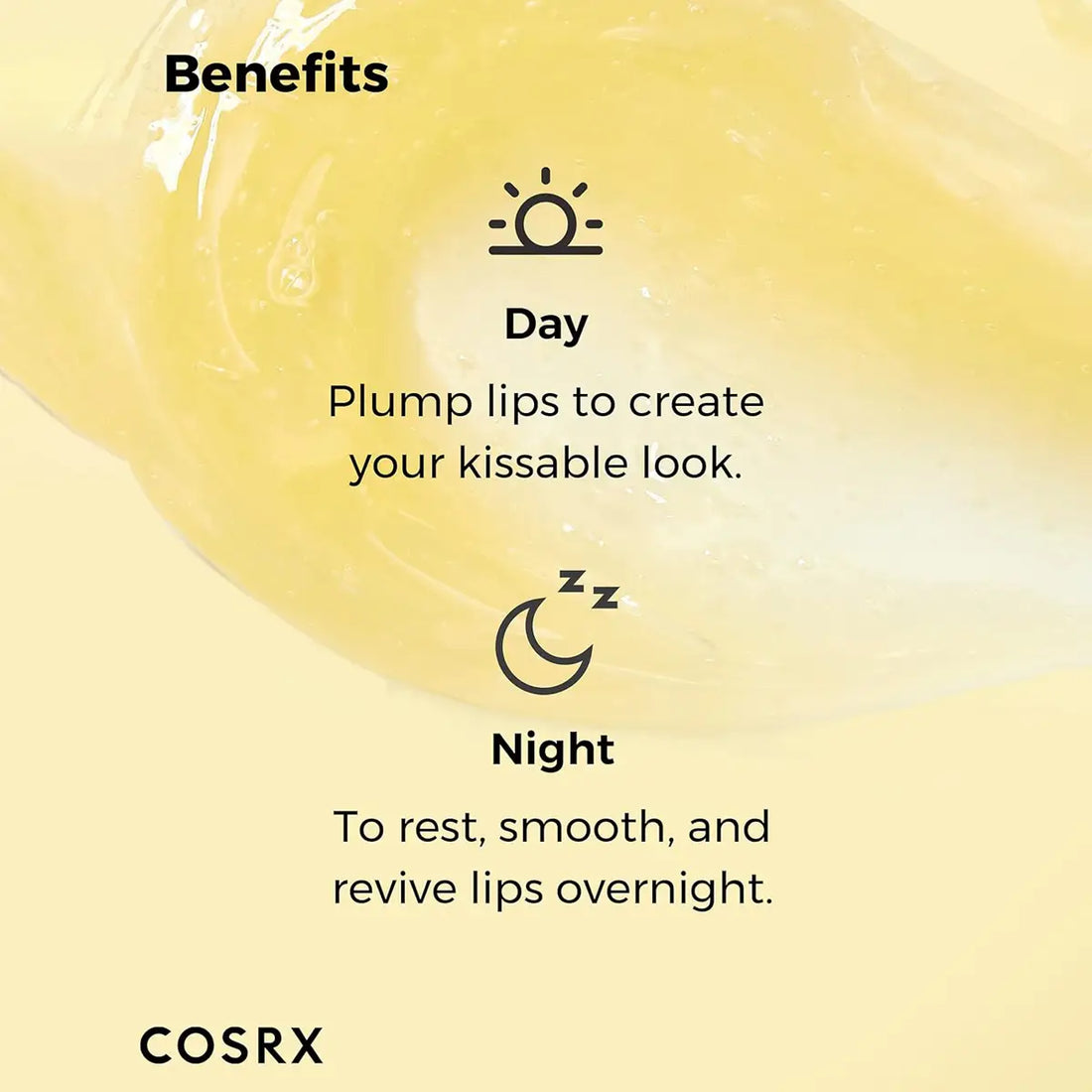 Cosrx lip balm benefits text on a yellow background
