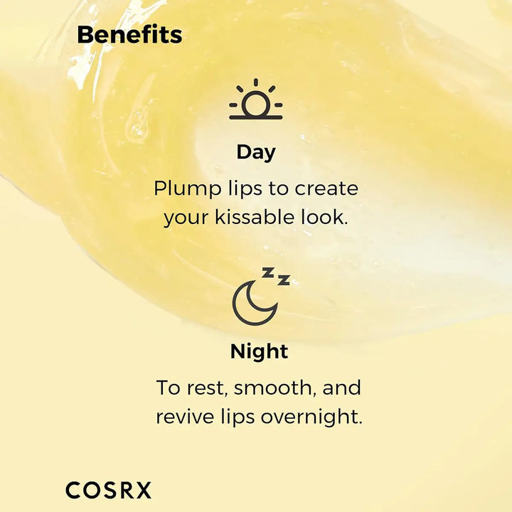 Cosrx lip balm benefits text on a yellow background