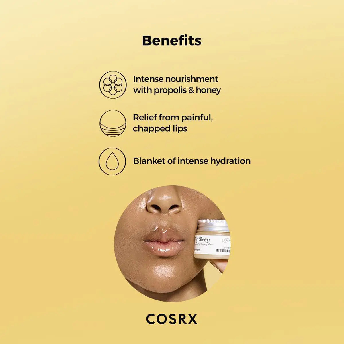 Cosrx lip balm benefits on a yellow background with a close-up of lips.