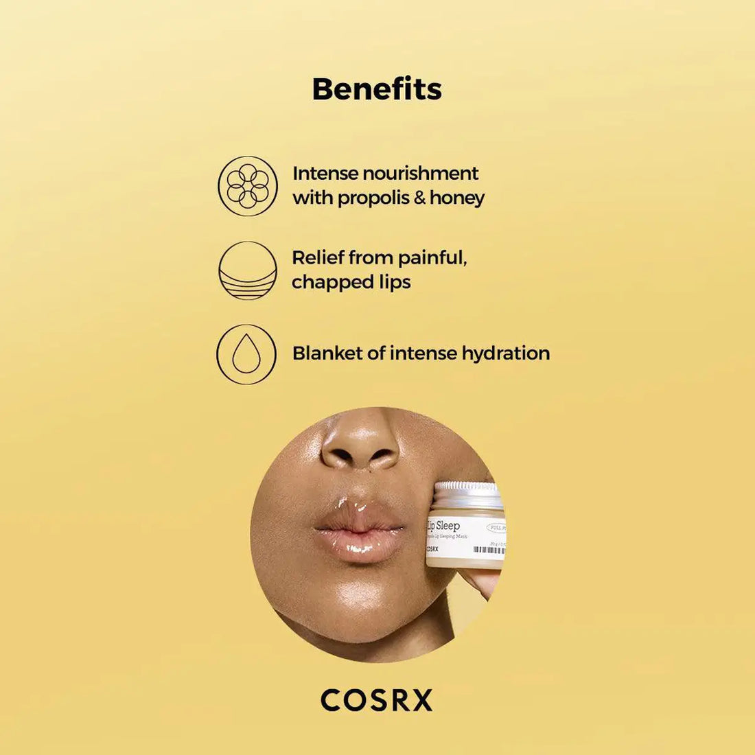 Cosrx lip balm benefits on a yellow background with a close-up of lips.