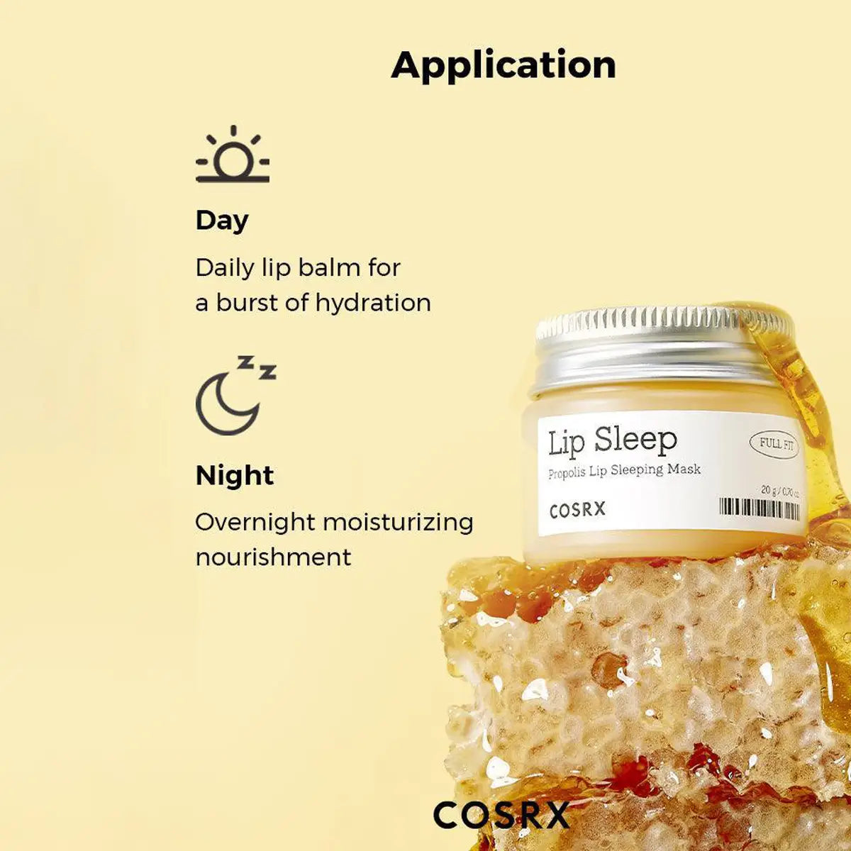 Cosrx lip balm with application instructions on a beige background