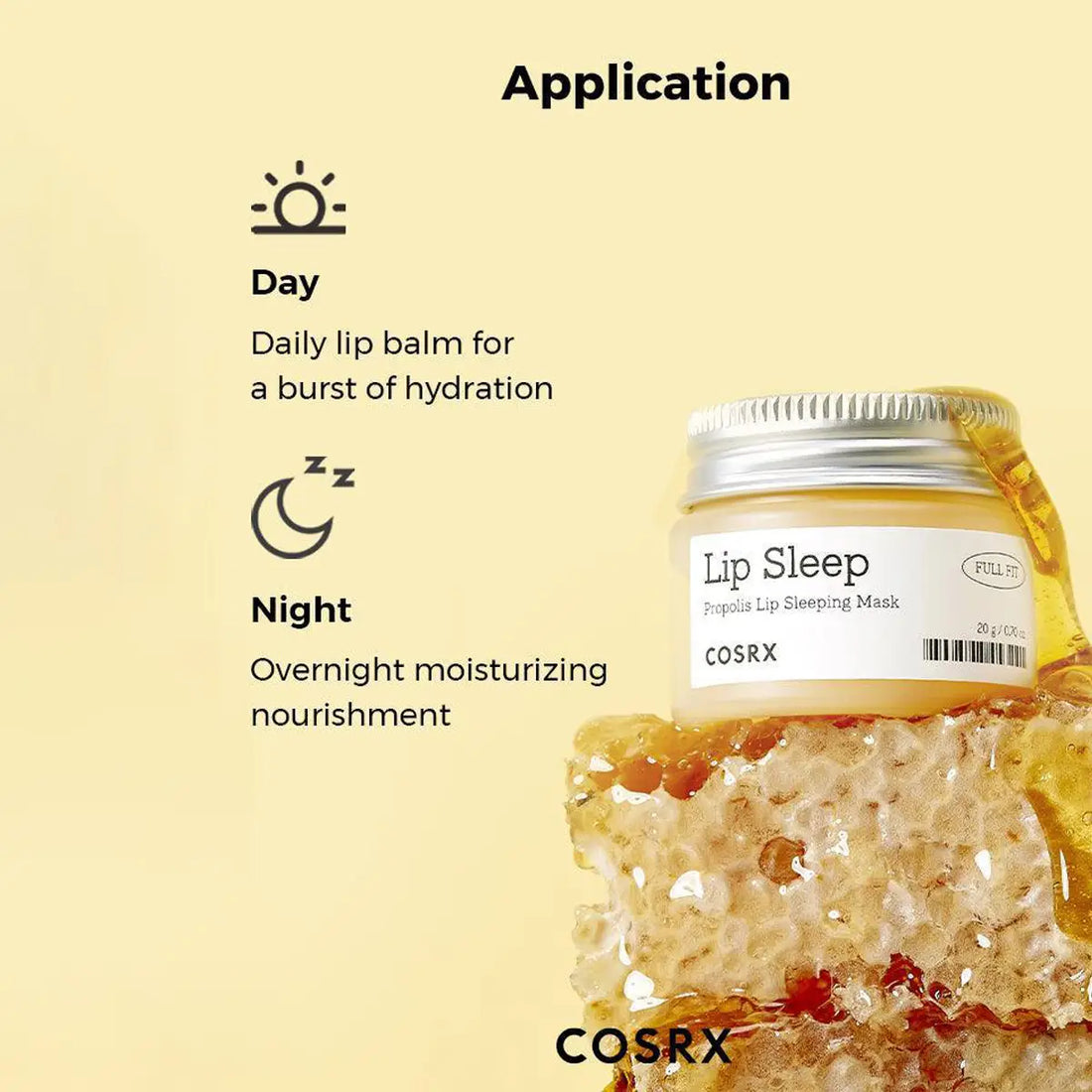 Cosrx lip balm with application instructions on a beige background