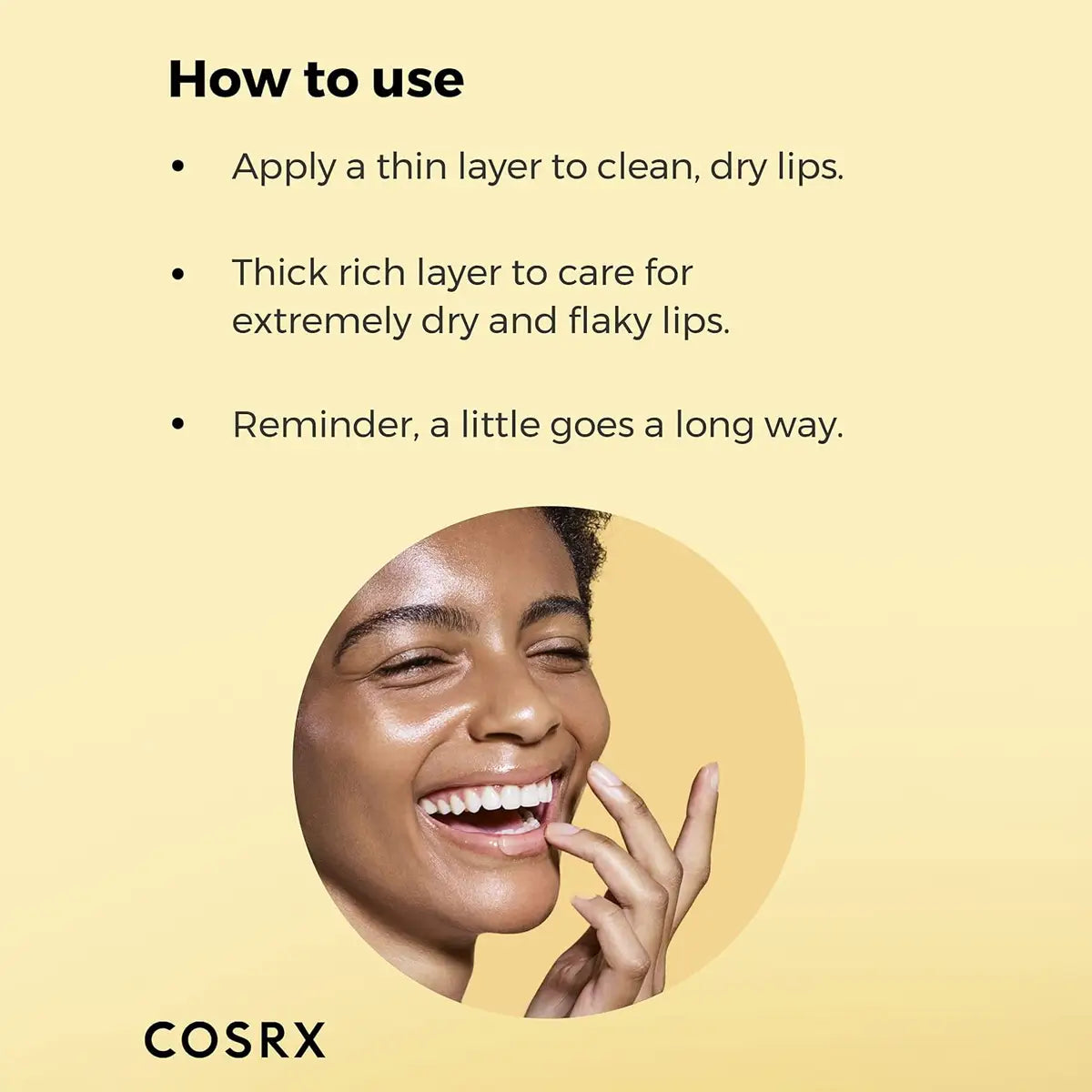 Cosrx lip care product instructions with a woman smiling on a yellow background