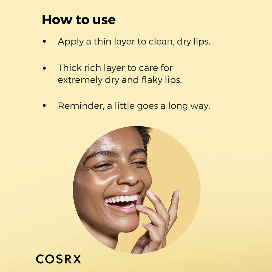 Cosrx lip care product instructions with a woman smiling on a yellow background