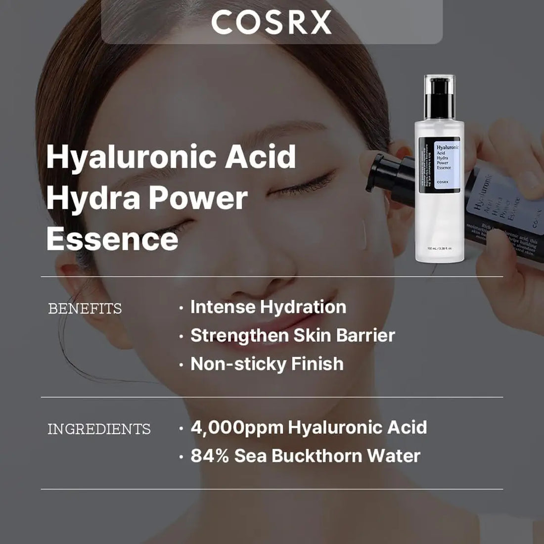 COSRX Hyaluronic Acid Hydra Power Essence with product and benefits listed.