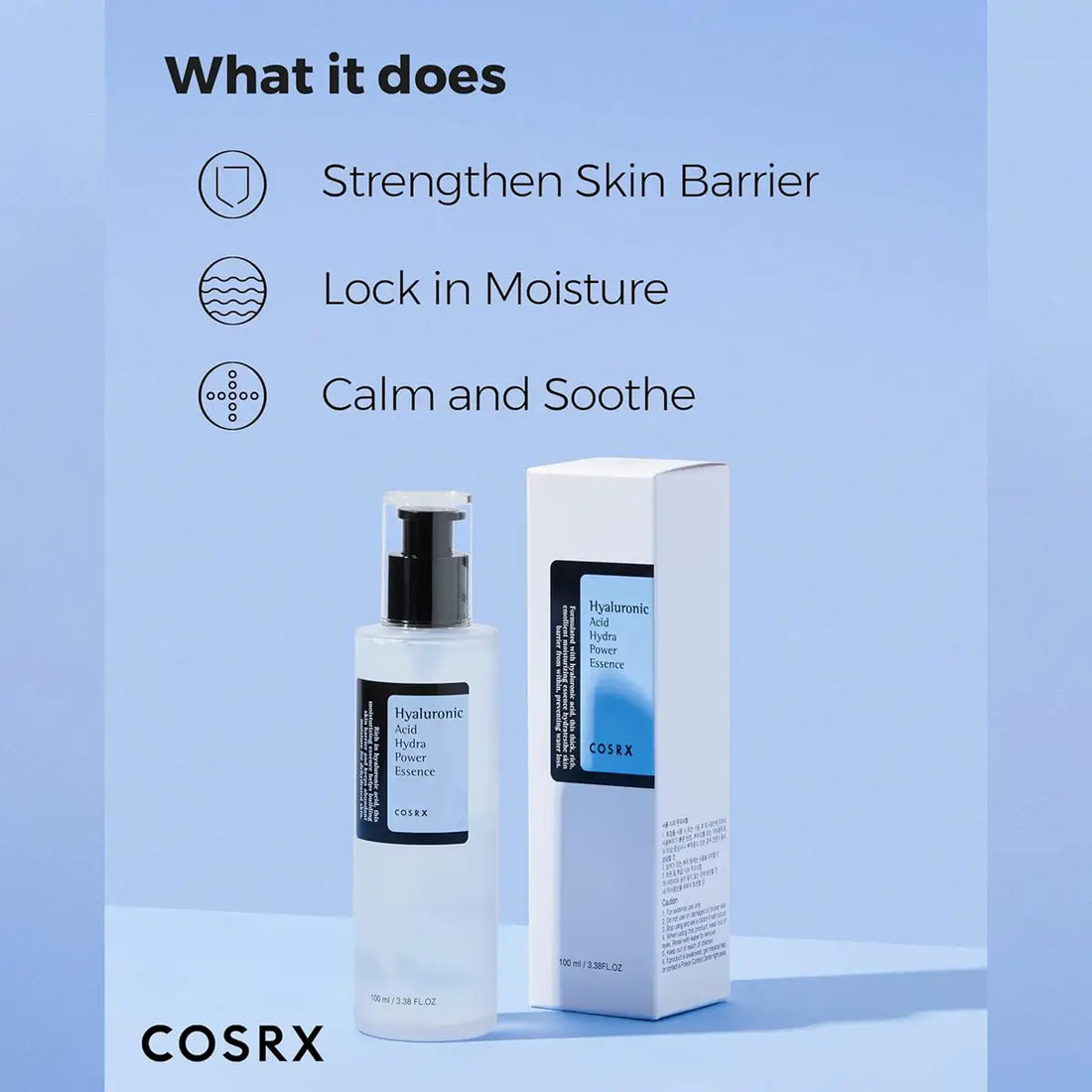 Cosrx skincare product with bottle and packaging on a light blue background
