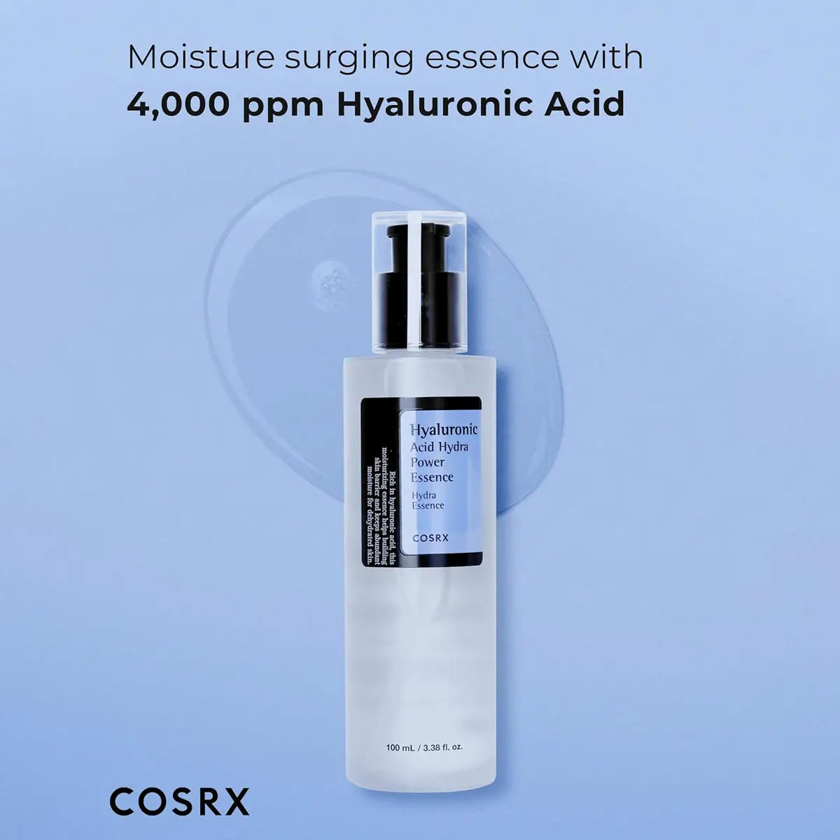 COSRX hyaluronic acid essence bottle on a light blue background