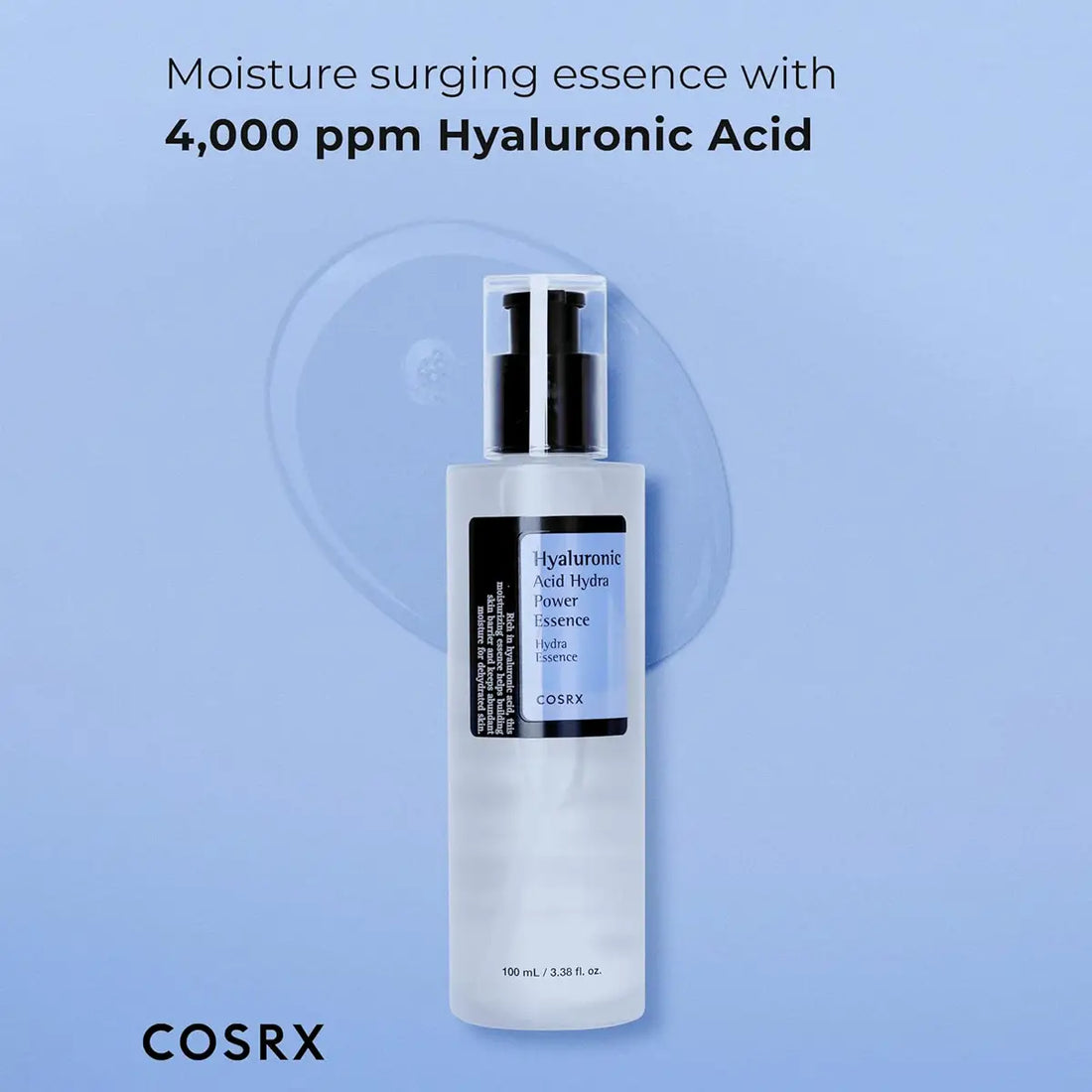 COSRX hyaluronic acid essence bottle on a light blue background