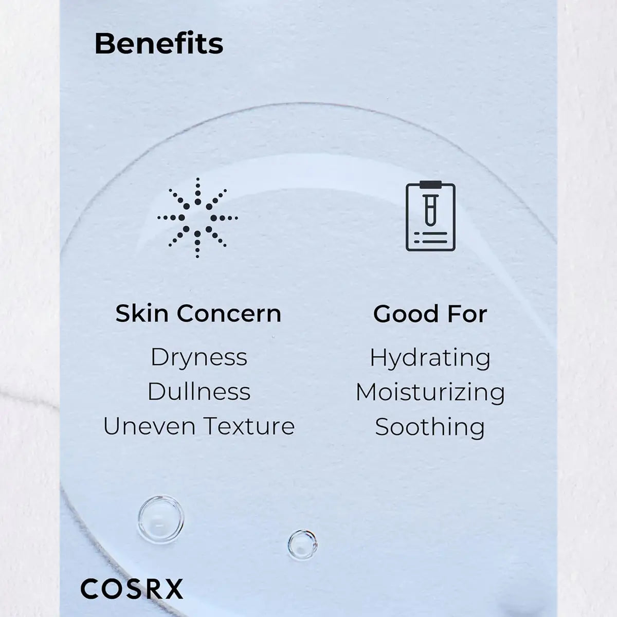 Cosrx product packaging with benefits listed on a light blue background