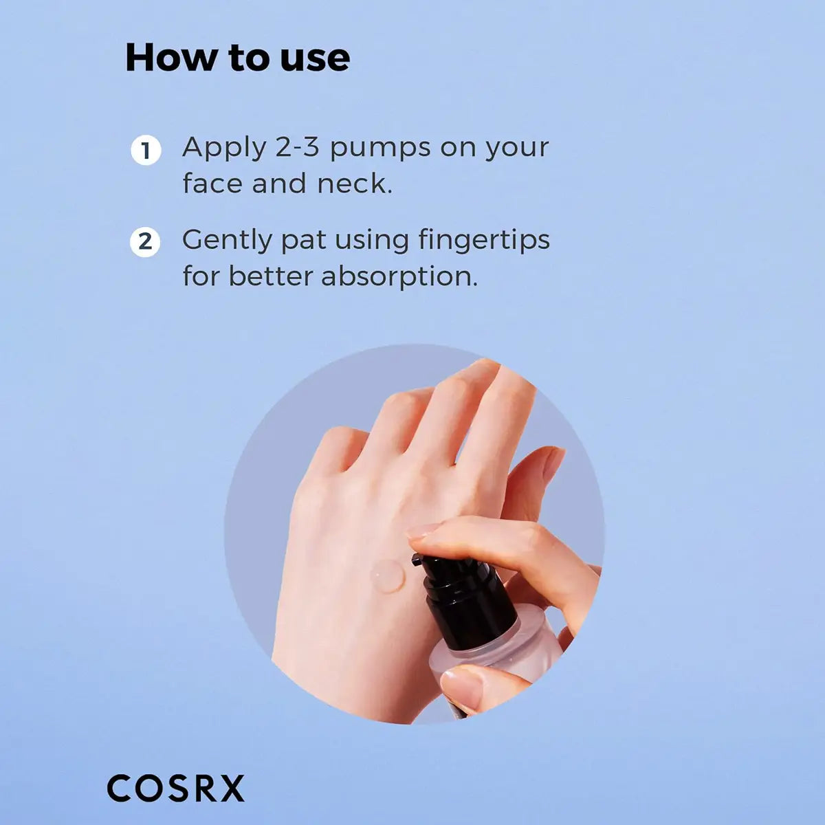 Cosrx Hyaluronic Acid Hydra Power Essencet usage guide with hand applying product on a light blue background
