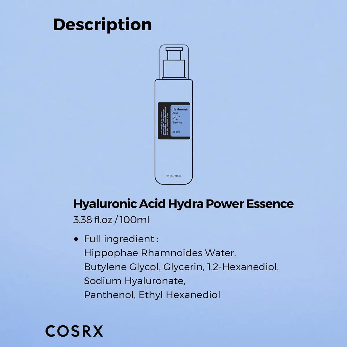 Cosrx Hyaluronic Acid Hydra Power Essence bottle on a light blue background with product details.