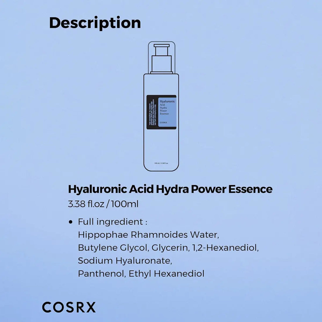 Cosrx Hyaluronic Acid Hydra Power Essence bottle on a light blue background with product details.