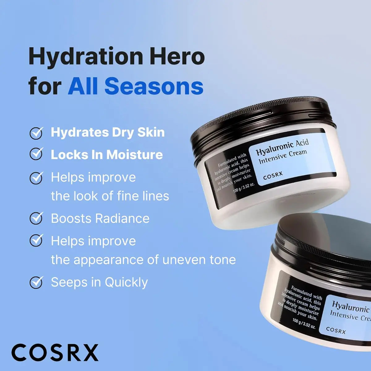 Cosrx Hyaluronic Acid Intensive Cream with features listed on a blue background