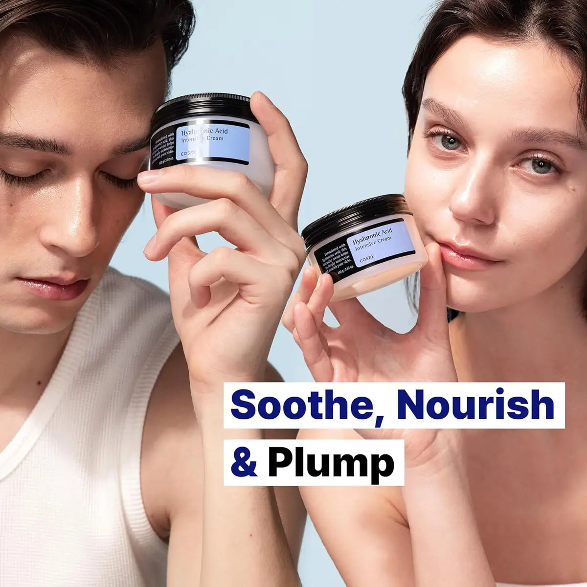 Two people holding jars of a skincare product with text 'Soothe, Nourish & Plump' on a light blue background.