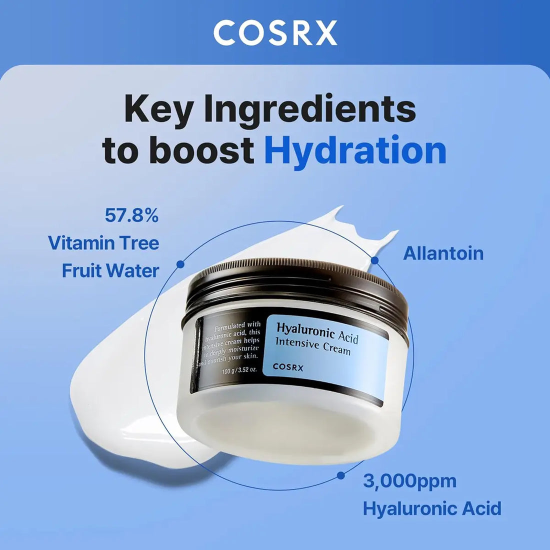 COSRX Hyaluronic Acid Intensive Cream with key ingredients highlighted on a blue background