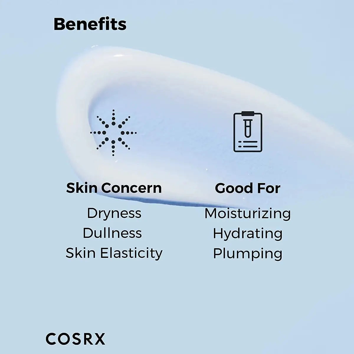 Cosrx product with benefits listed on a light blue background