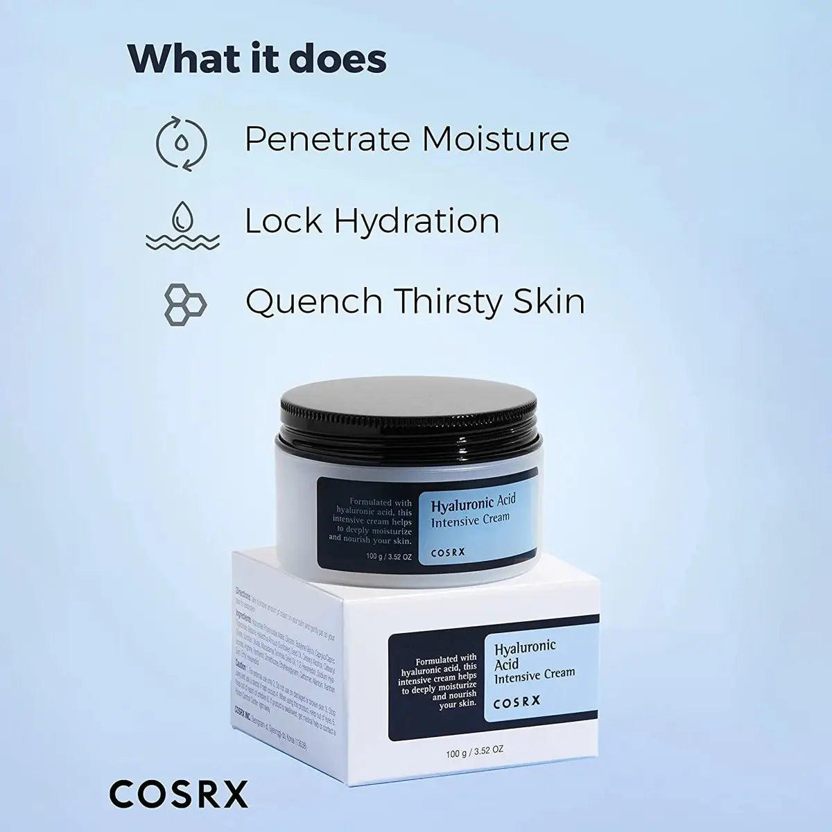 Cosrx Hyaluronic Acid Intensive Cream with features on a light blue background