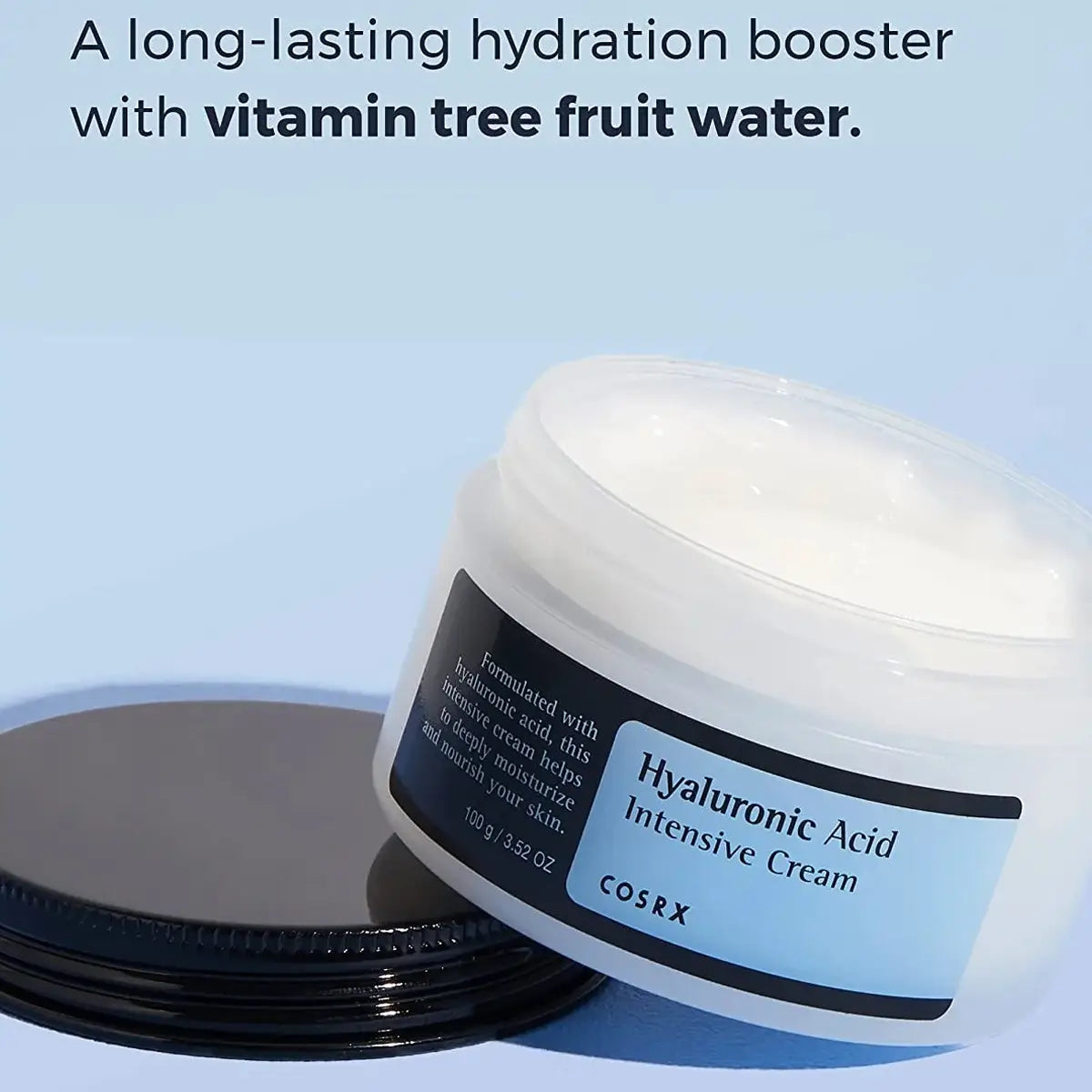 COSRX Hyaluronic Acid Intensive Cream jar on a light blue background