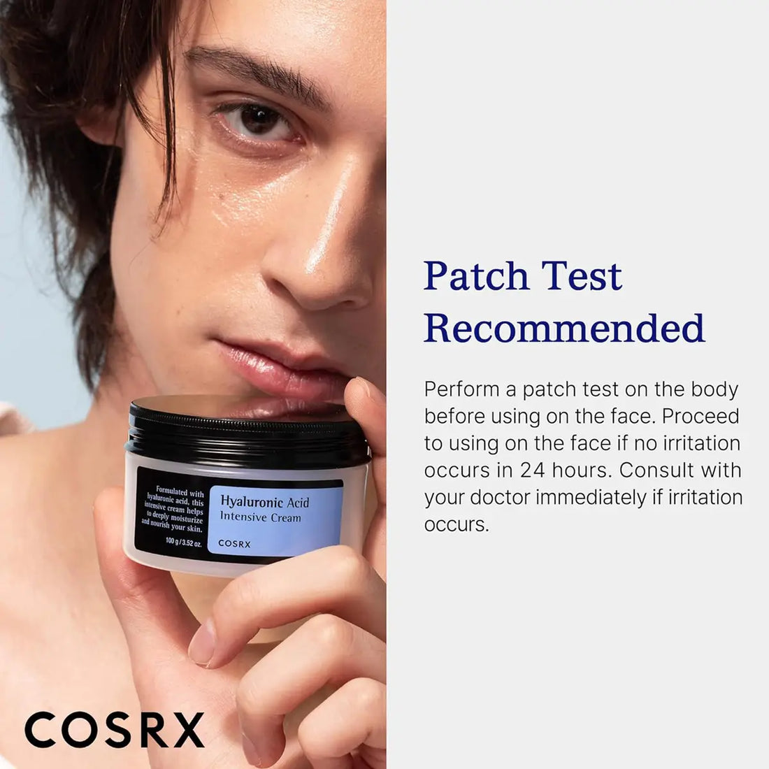 COSRX skincare product with a patch test recommendation on a light blue background