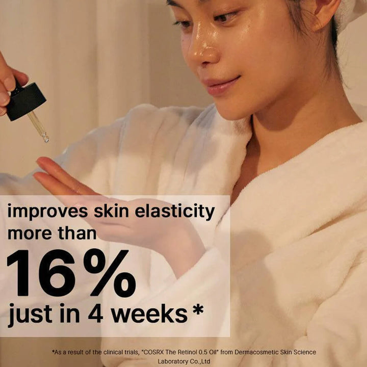 Woman applying skincare product with text about skin elasticity improvement