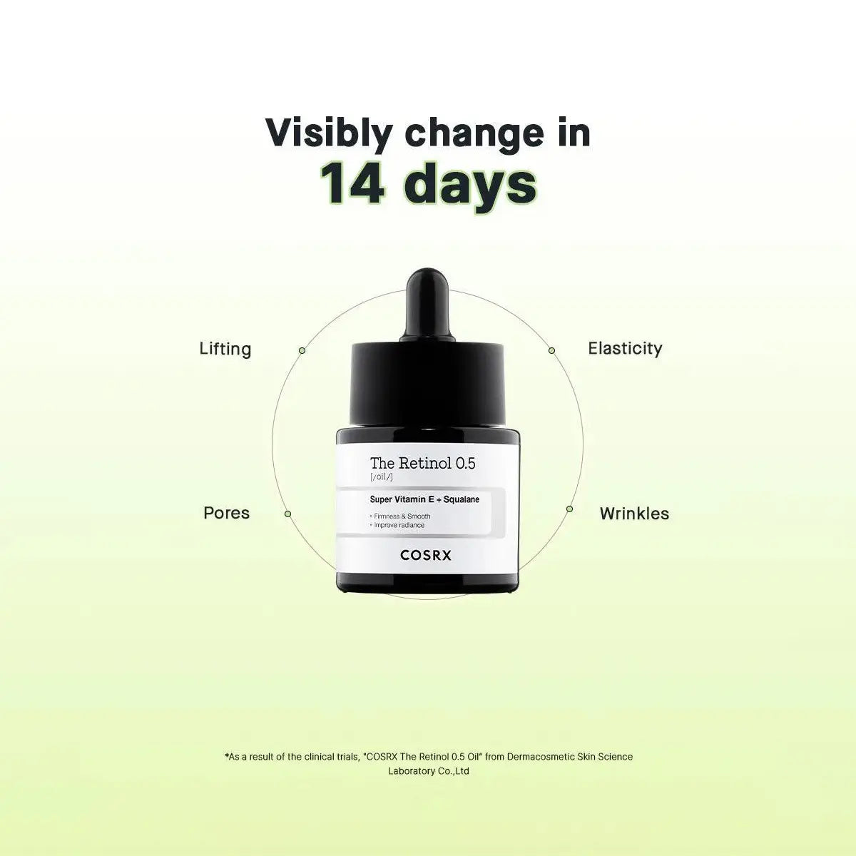 Cosrx skincare dropper bottle with text on a gradient background