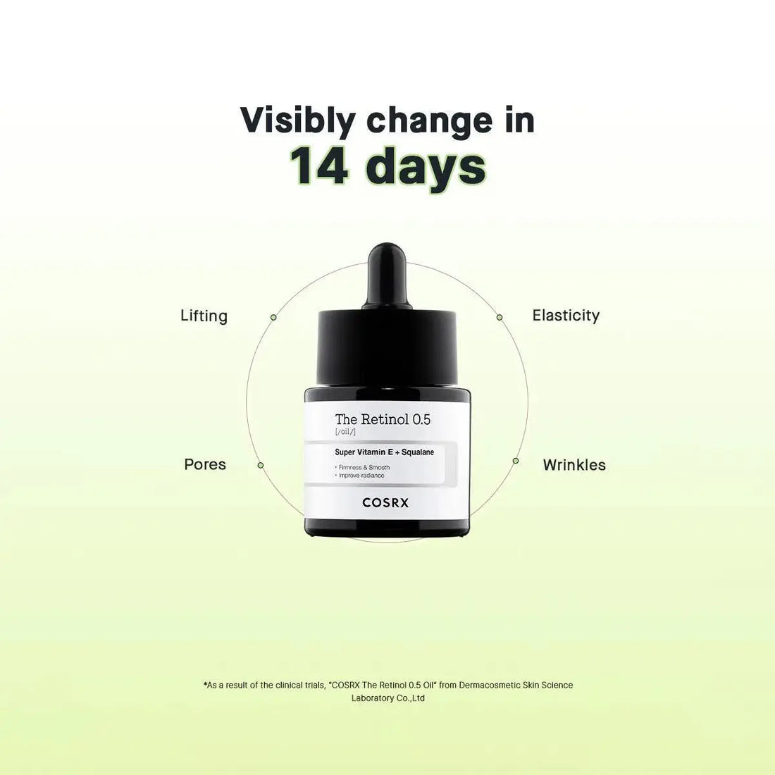 Cosrx skincare dropper bottle with text on a gradient background