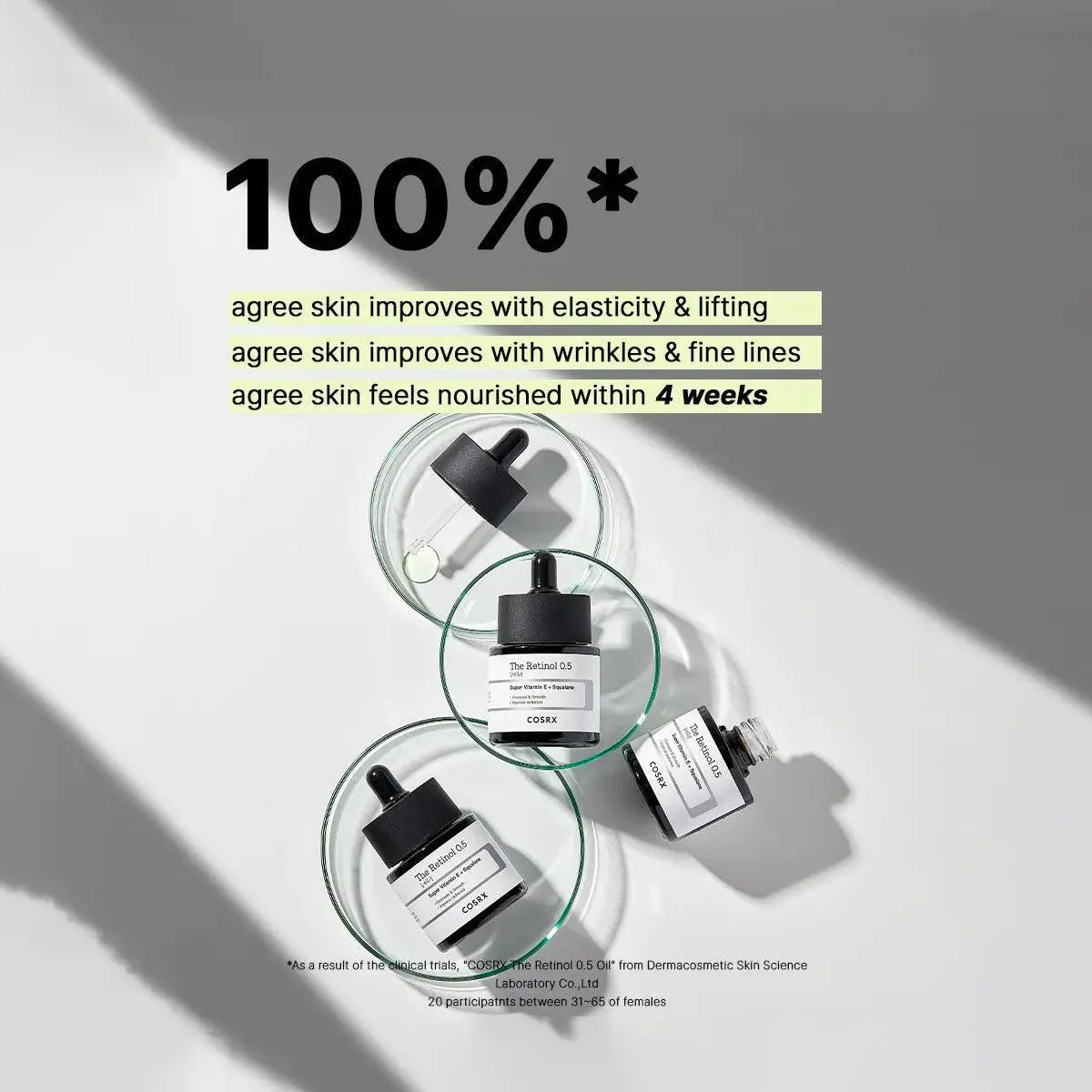 Cosmetic bottles with droppers on a gray background, featuring text about skin improvement.