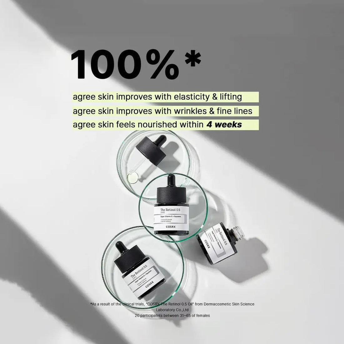 Cosmetic bottles with droppers on a gray background, featuring text about skin improvement.