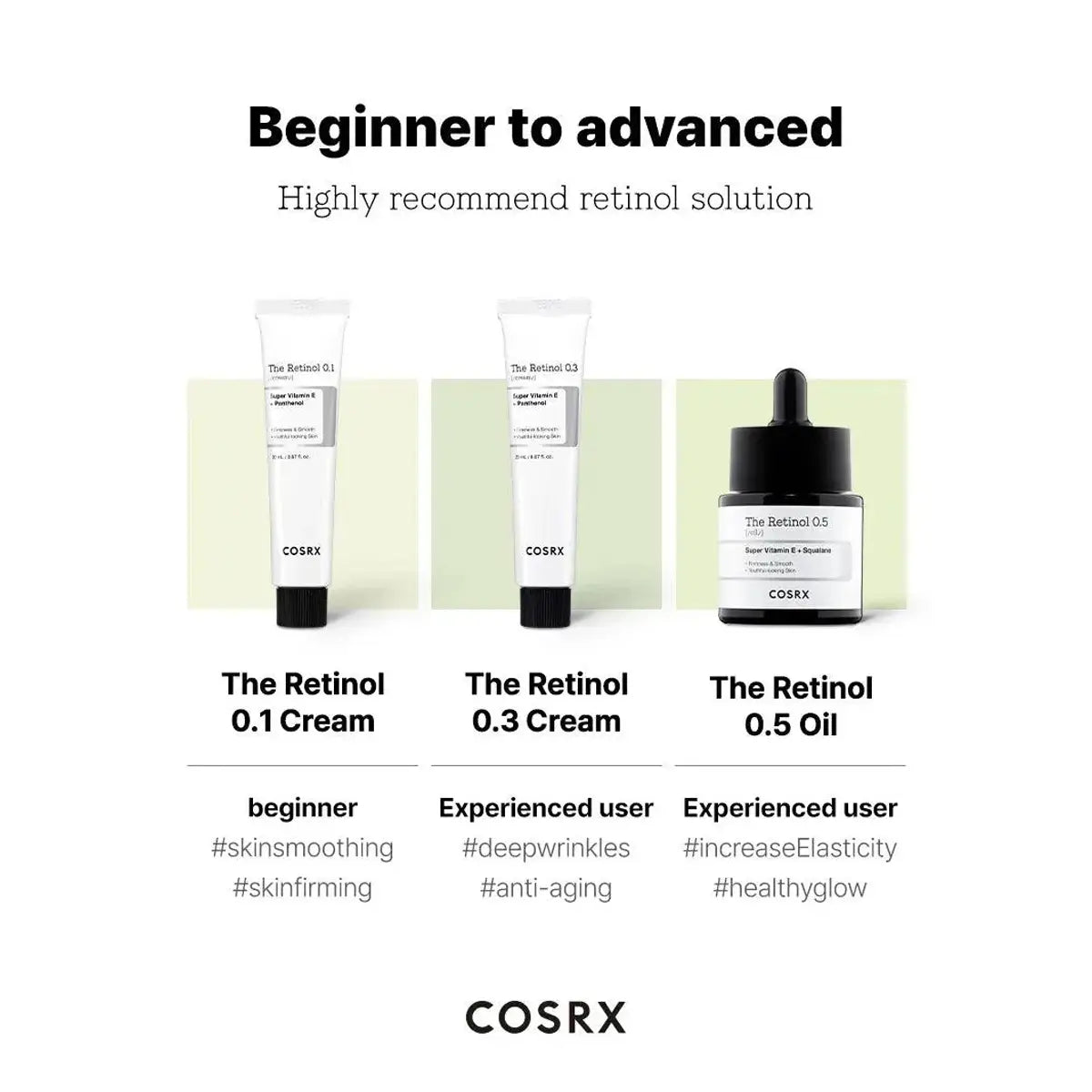 Cosrx retinol skincare products ranging from 0.1 cream to 0.5 oil on a white background.