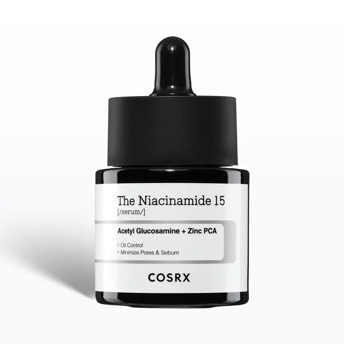 Cosrx The Niacinamide 15 Serum bottle with dropper on a white background