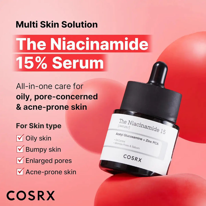 Cosrx The Niacinamide 15 Serum bottle with product details on a pink background