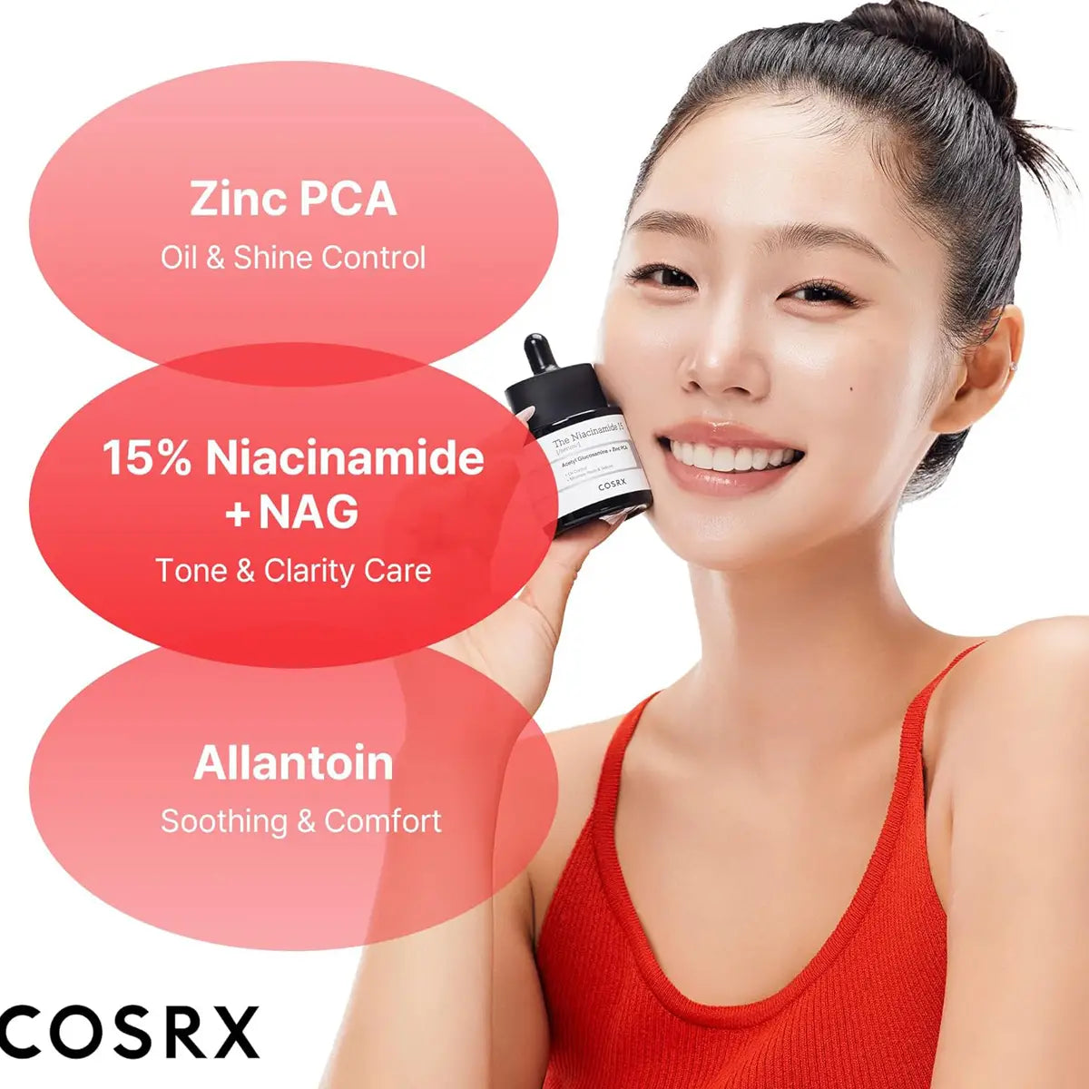 Woman holding a skincare product with COSRX branding and ingredient information.