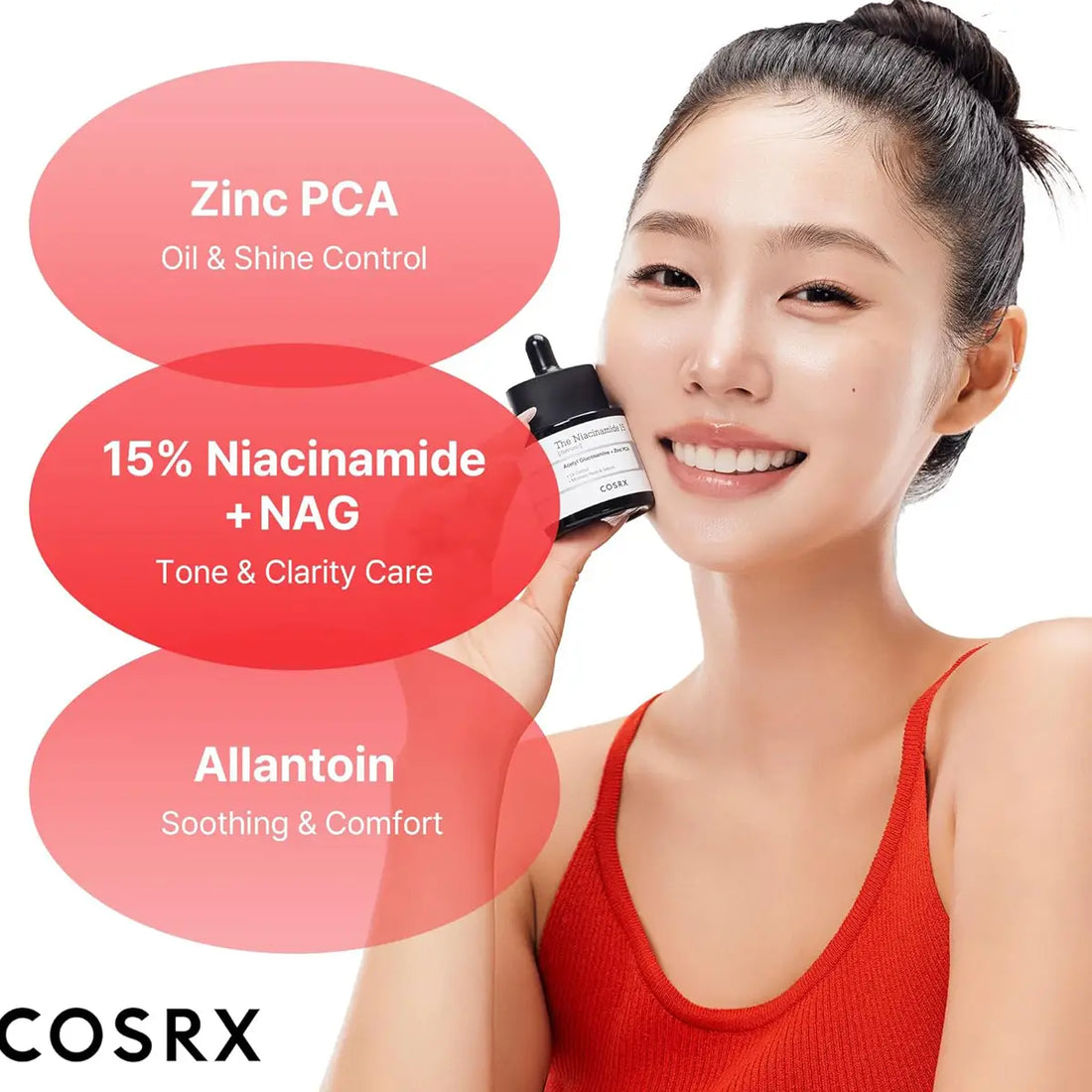 Woman holding a skincare product with COSRX branding and ingredient information.