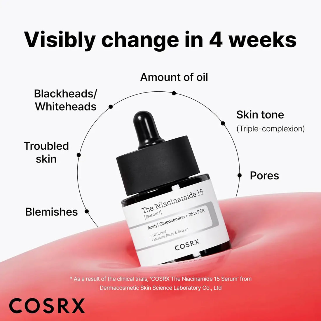 Cosrx skincare serum bottle with skin improvement benefits on a red background
