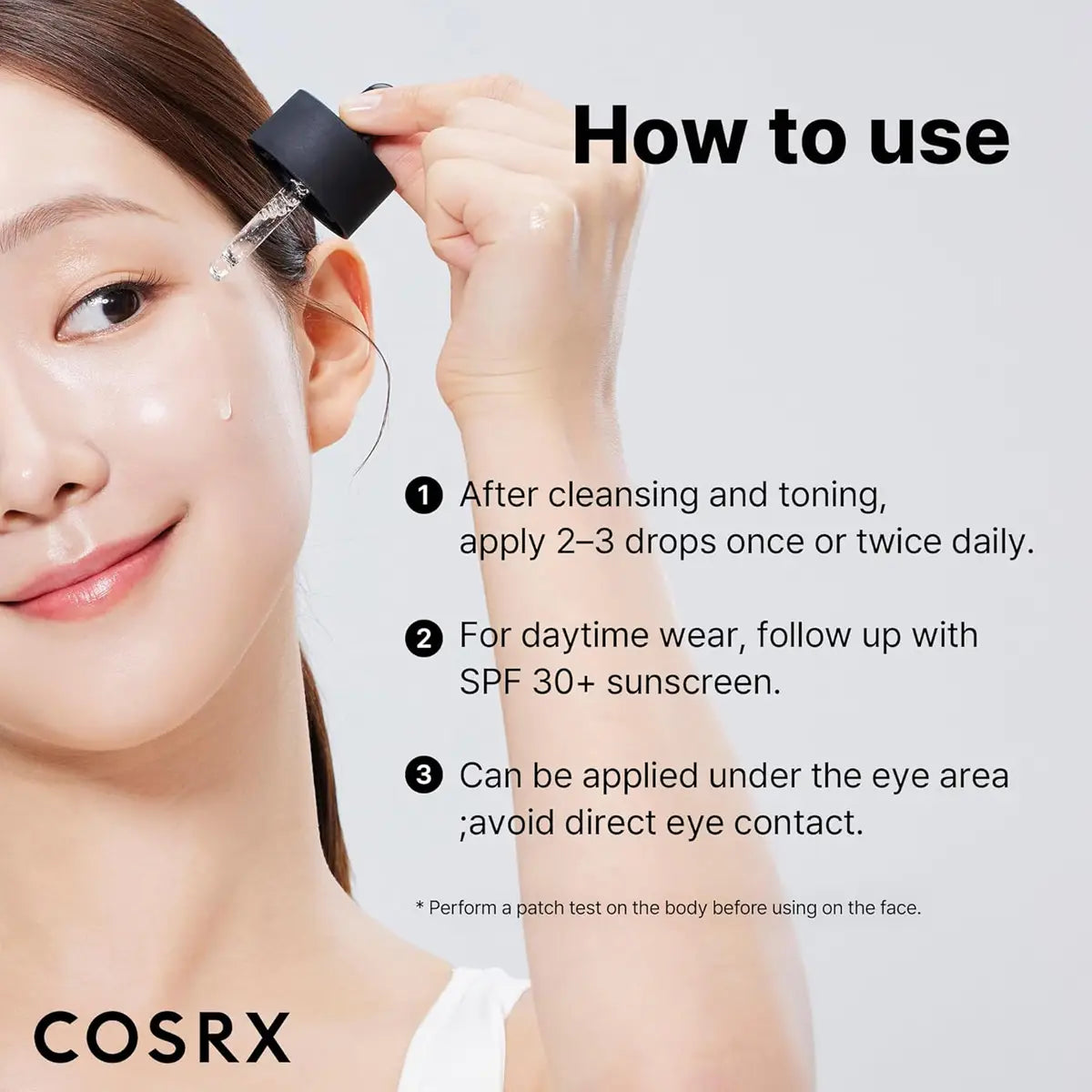 Cosrx skincare product application guide with a woman applying the product to her face.