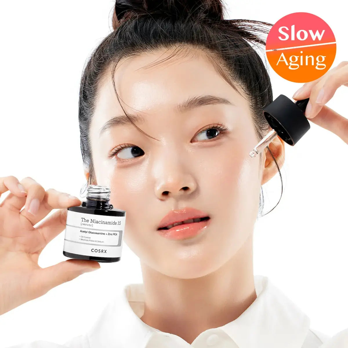 Woman applying skincare product with a dropper and bottle, labeled 'Slow Aging'.
