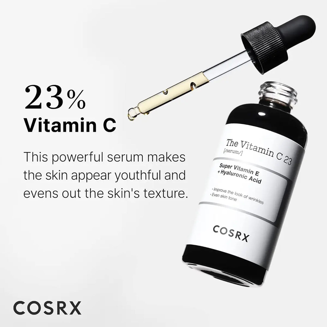 Cosrx Vitamin C serum bottle with dropper on a light gray background