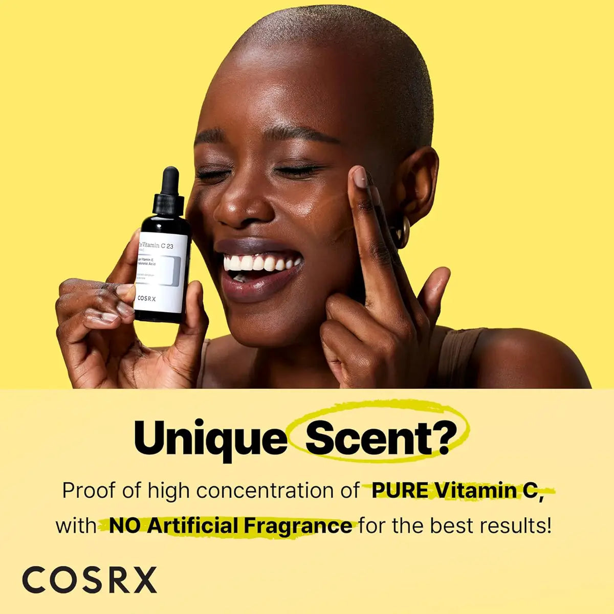 Woman applying skincare product with COSRX bottle on yellow background