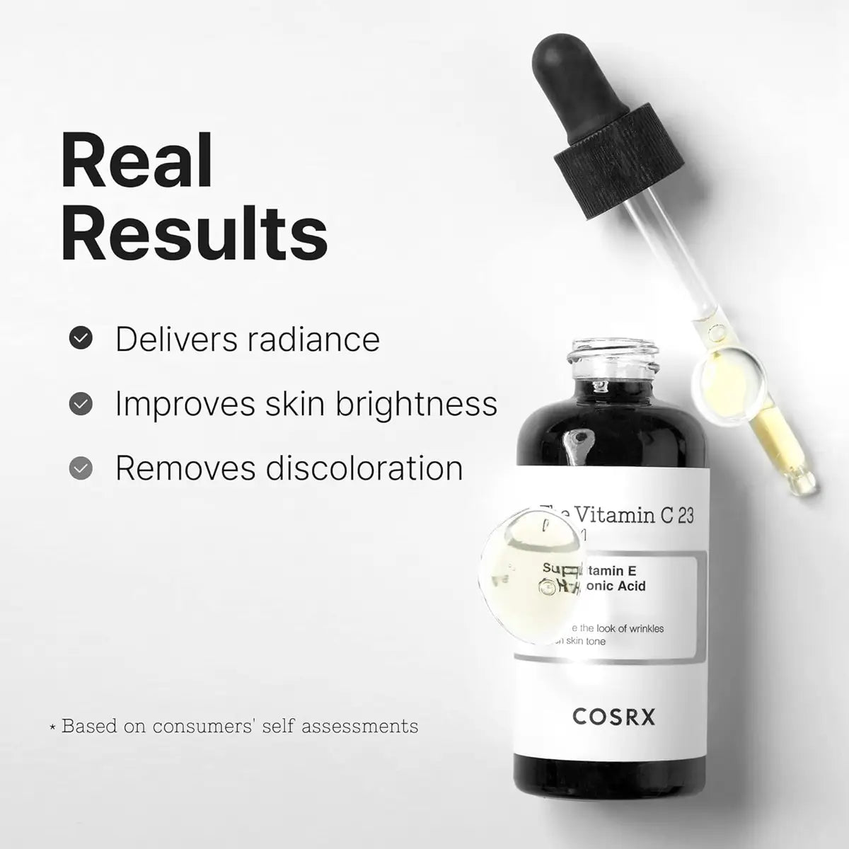 Cosrx skincare serum bottle with dropper on a white background, featuring text about product benefits.