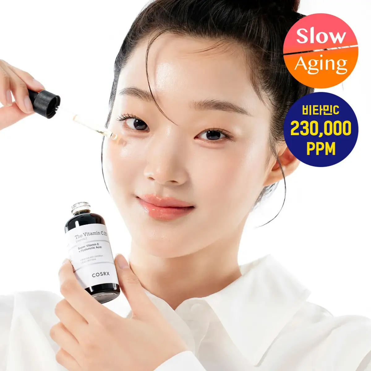 Woman applying skincare product with Cosrx bottle, emphasizing 'Slow Aging' and '230,000 PPM' text.
