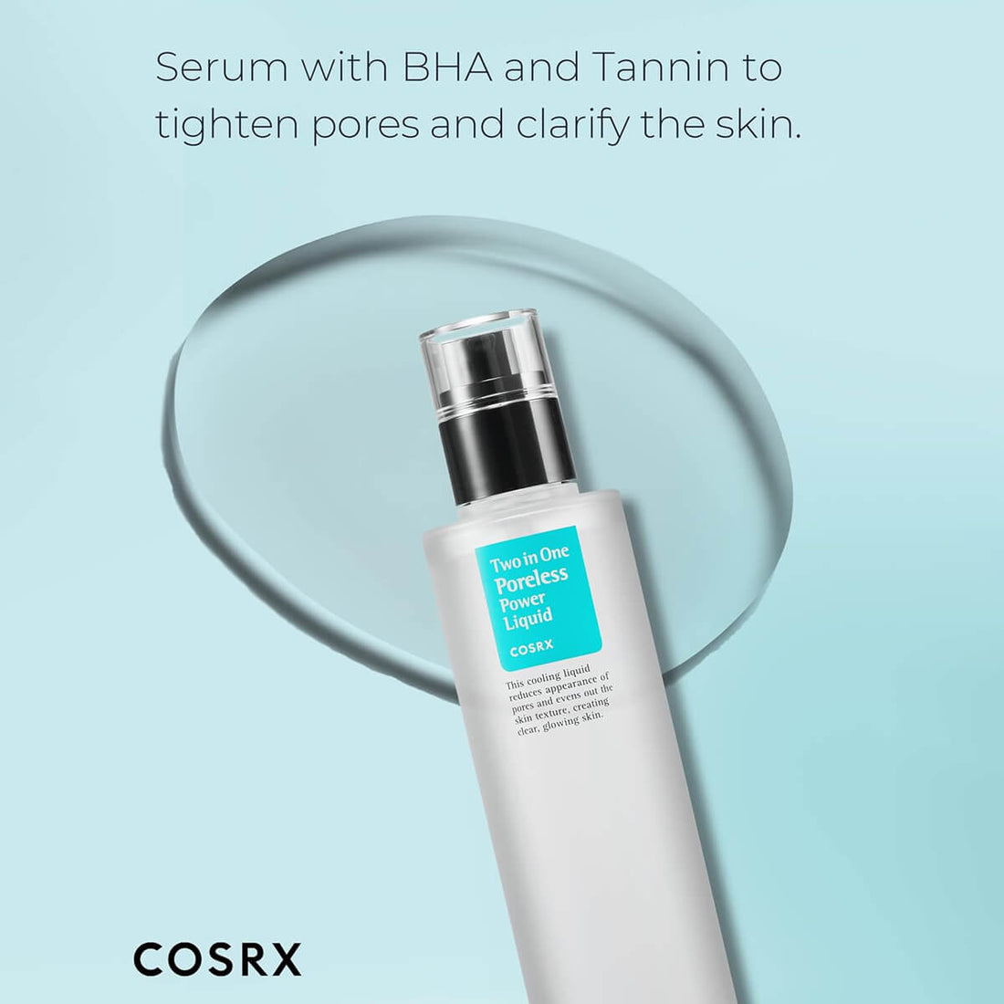 COSRX serum bottle with text on a light blue background