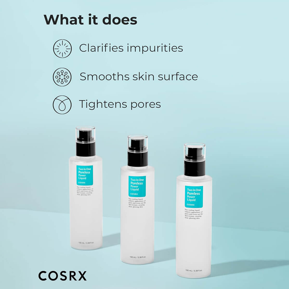 Three bottles of COSRX skincare product on a light blue background with text about product benefits.