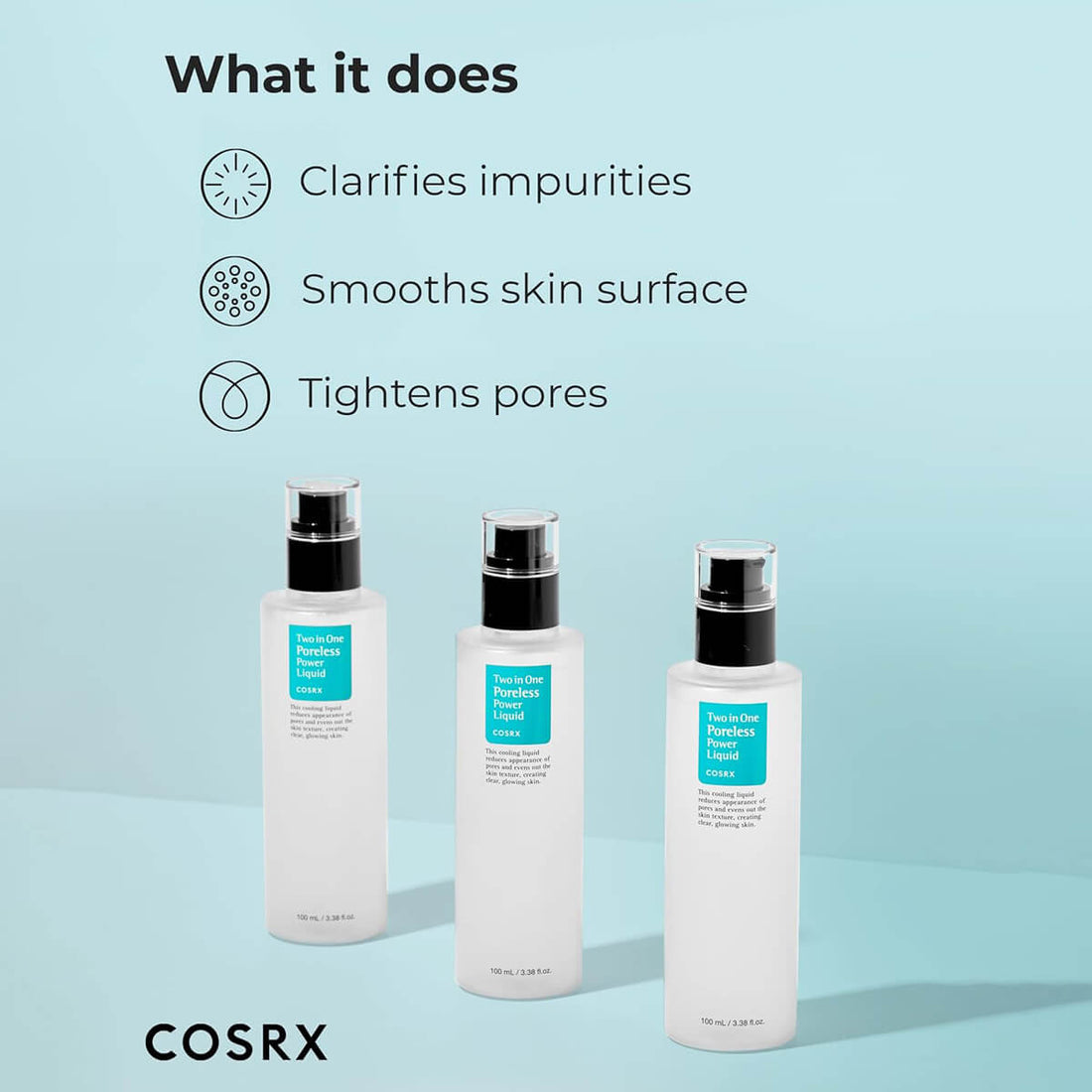 Three bottles of COSRX skincare product on a light blue background with text about product benefits.