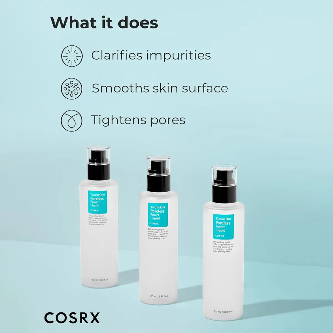 Three COSRX skincare bottles with text on a light blue background