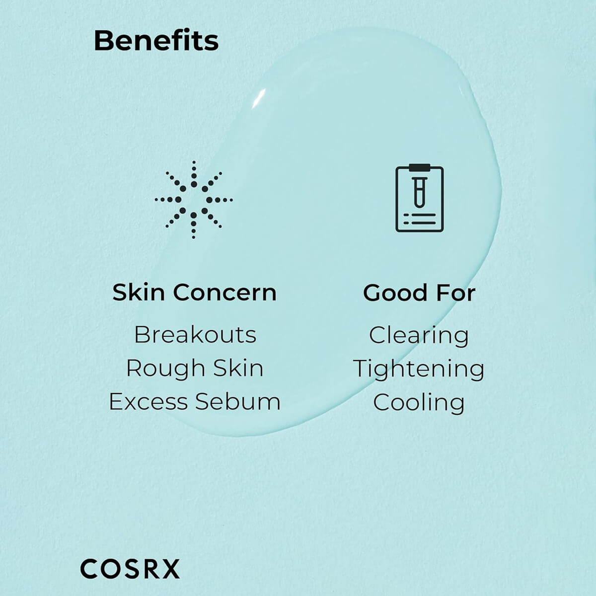 Cosrx product benefits listed on a light blue background