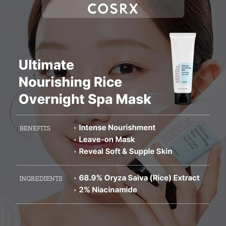 COSRX Ultimate Nourishing Rice Overnight Spa Mask with product and benefits displayed.