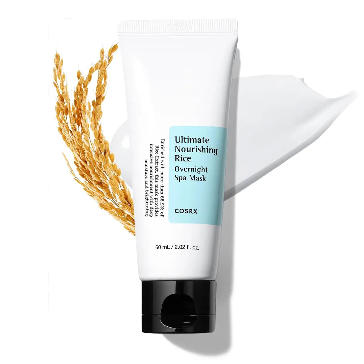 Cosrx Ultimate Nourishing Rice Overnight Spa Mask with rice grains on a white background