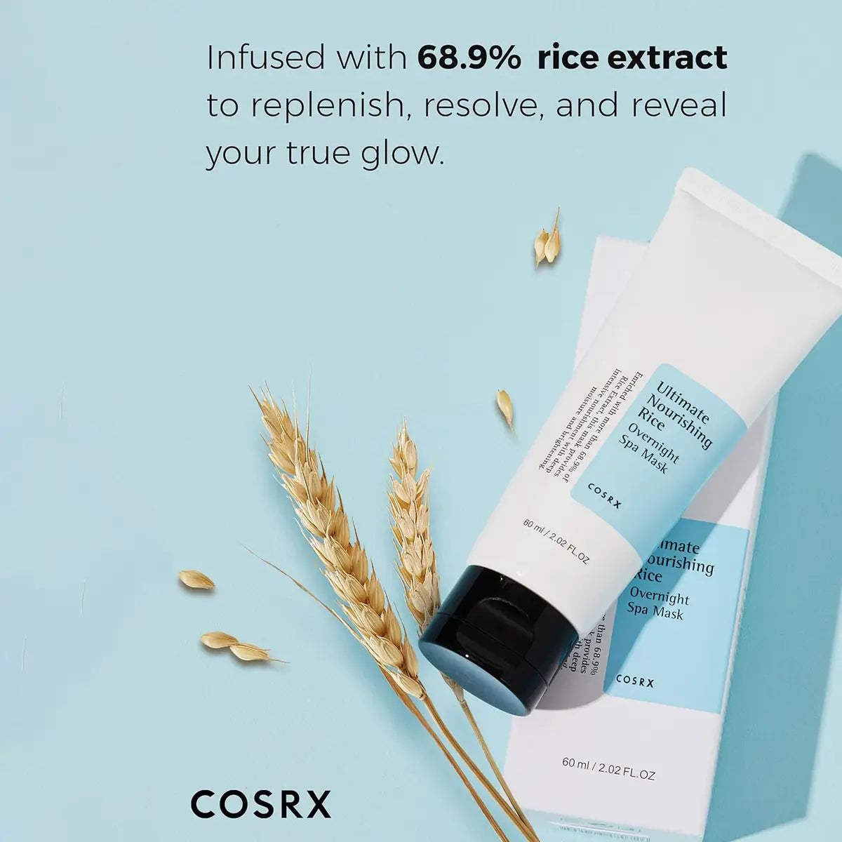 Cosrx skincare product with rice extract on a light blue background