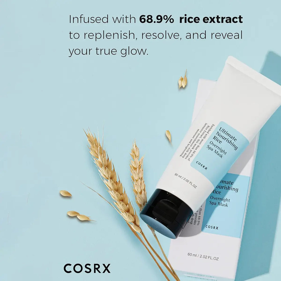 Cosrx skincare product with rice extract on a light blue background